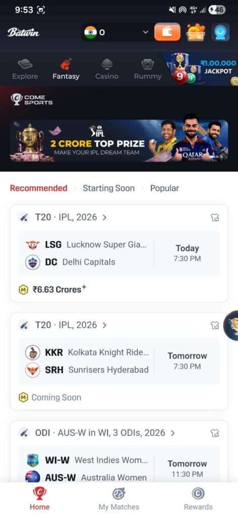 BatWin app login and gameplay screen